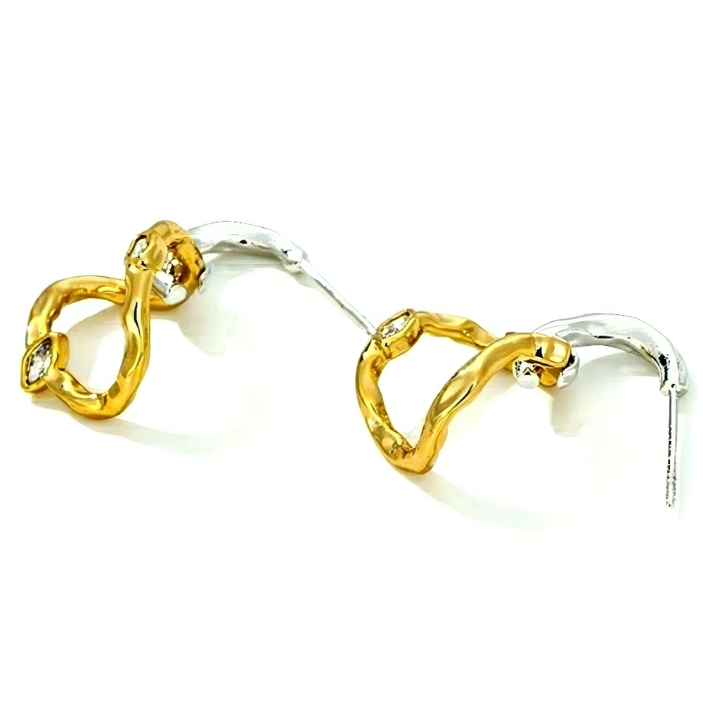 Two Tone Gold & Silver Molten Organic Hoop Earrings CZ 925 SS Post 1" Long; NWOT